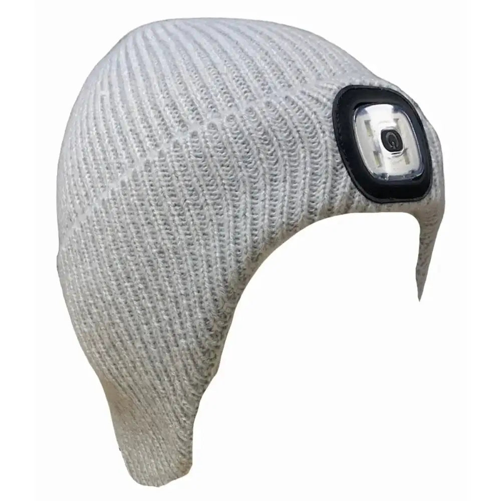 Gray knitted platinum arran led beanie hat with integrated headlamp perfect for outdoor use