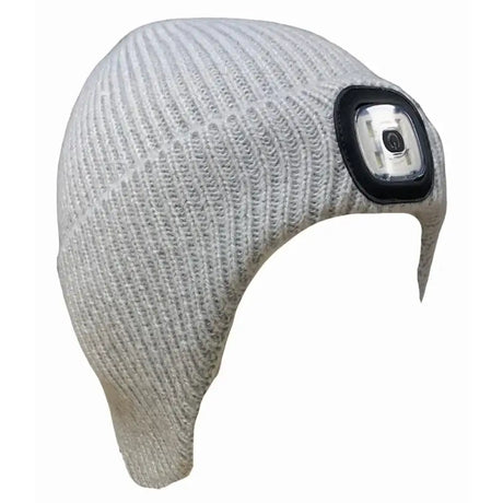 Gray knitted platinum arran led beanie hat with integrated headlamp perfect for outdoor use