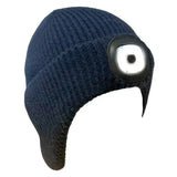 Dark blue knitted platinum arran led beanie hat with built-in headlamp on the side for hands-free lighting