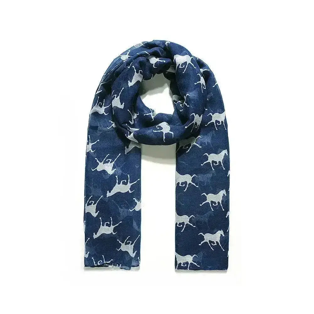 Navy blue platinum blaze printed scarf with a repeating white blaze printed horse pattern perfect for horse lovers