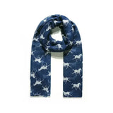 Navy blue platinum blaze printed scarf with a repeating white blaze printed horse pattern perfect for horse lovers