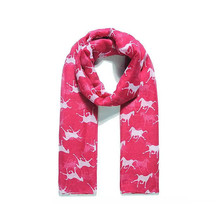 A vibrant pink platinum blaze printed scarf featuring a repeating pattern of white blaze printed horse silhouettes