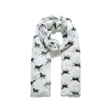 White platinum blaze printed scarf featuring black blaze printed horse silhouettes for stylish wear