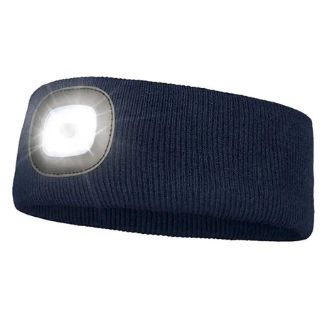 Dark blue knitted platinum kelty led headband with built-in square led light perfect for winter nights outdoors