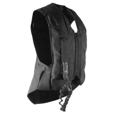Black point two hunter tactical vest with multiple zippered compartments and mounted flashlight for pro air vest use