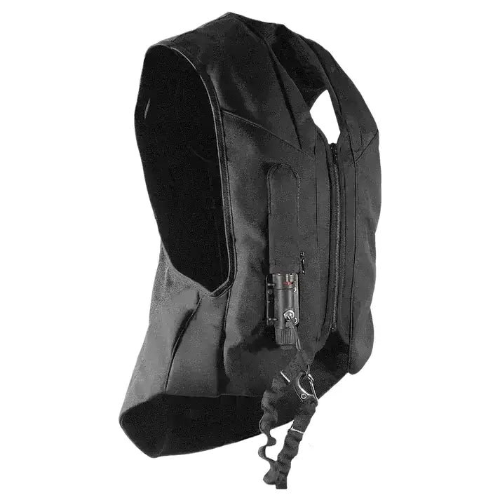 Black tactical vest with zippered compartments and flashlight mounted designed for point two hunter pro air body protector use