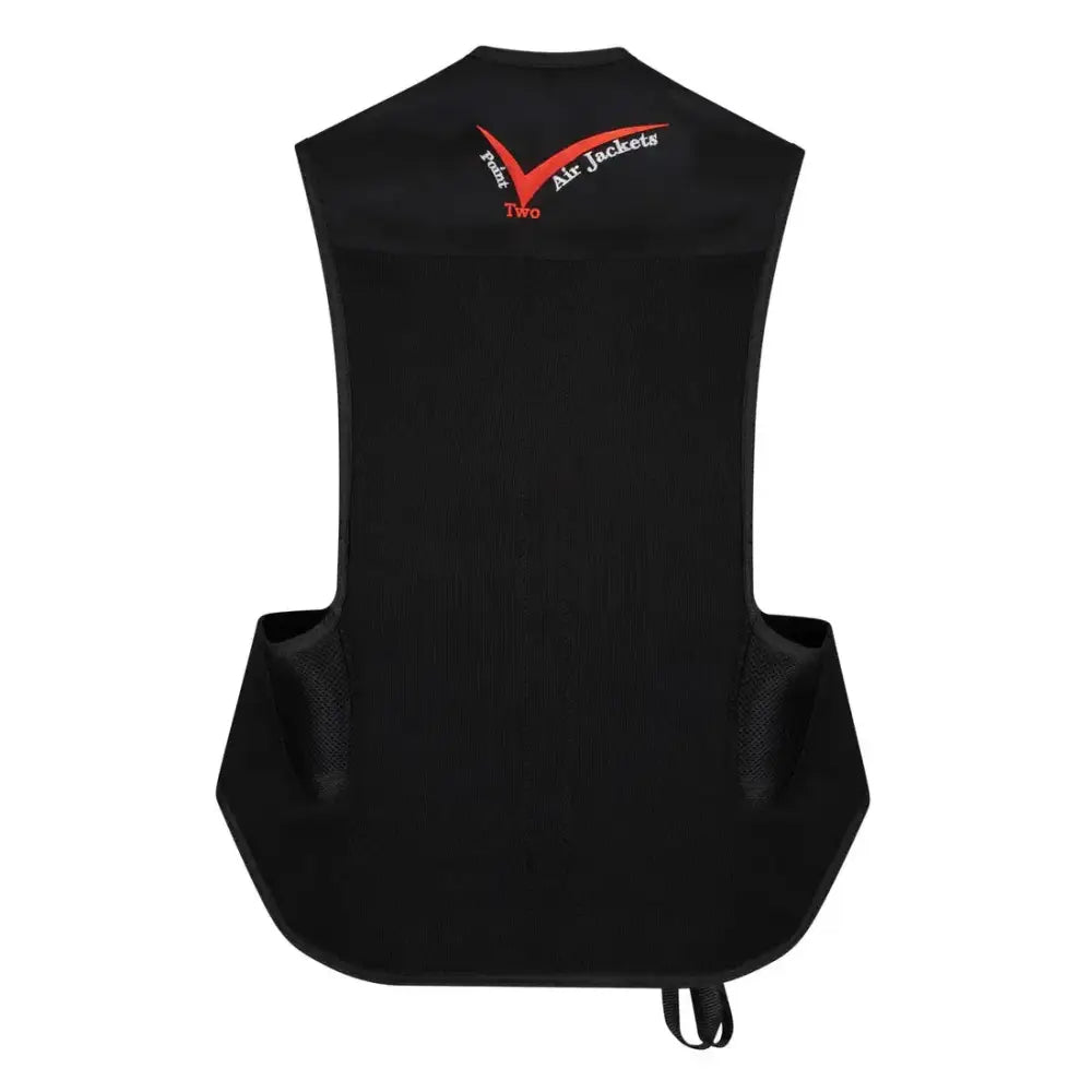 Back of black sleeveless point two proair body protector vest with red air jackets logo and checkmark design