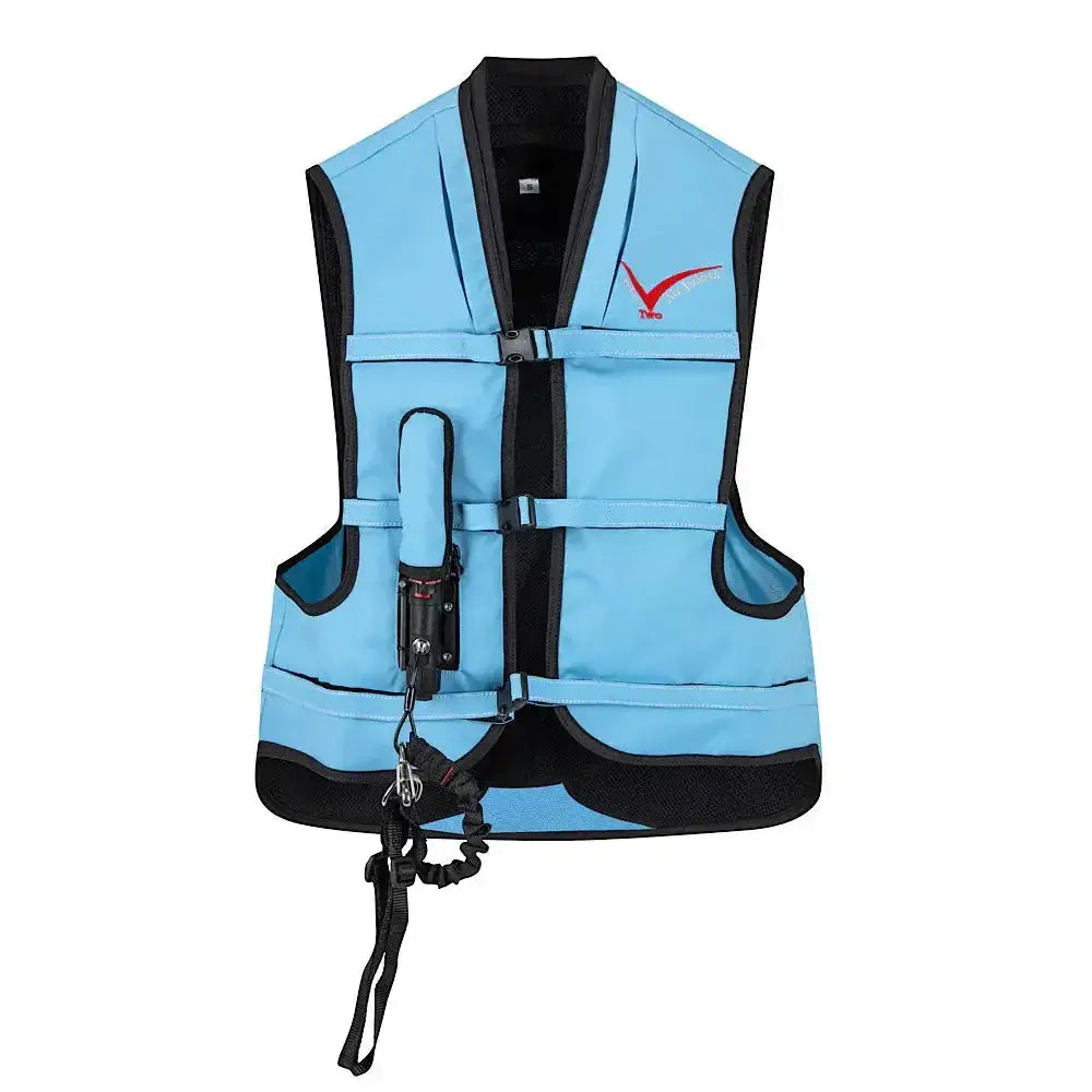 Light blue and black neoprene point two proair equestrian air vest with red logo offers a comfortable fit