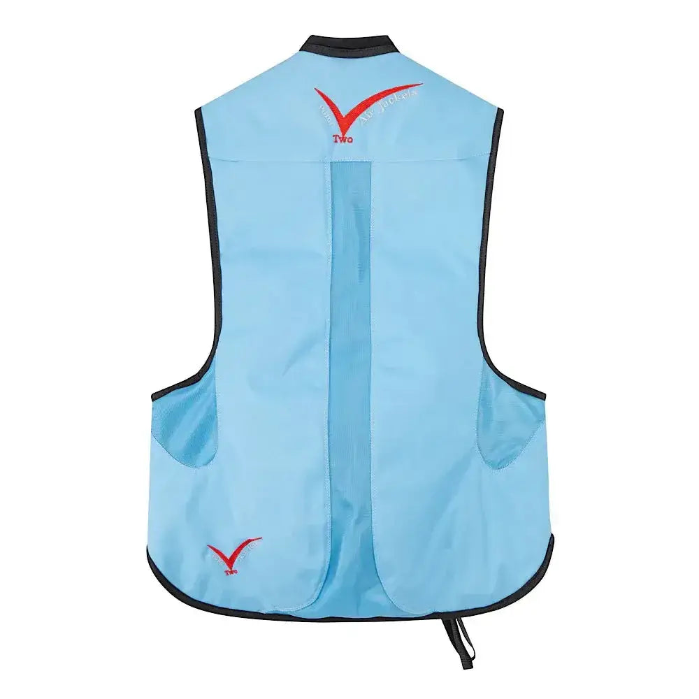 Light blue point two proair equestrian air vest with black trim and red logo branding for a comfortable fit
