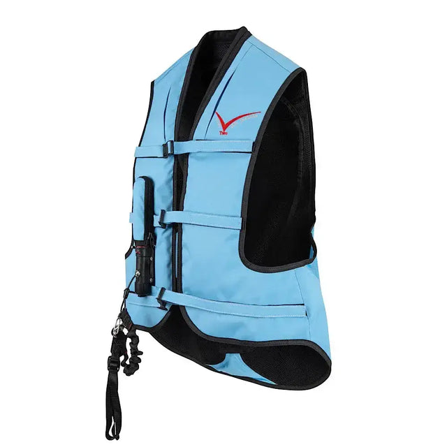Light blue and black point two proair equestrian air vest with adjustable straps mesh lining and comfortable fit