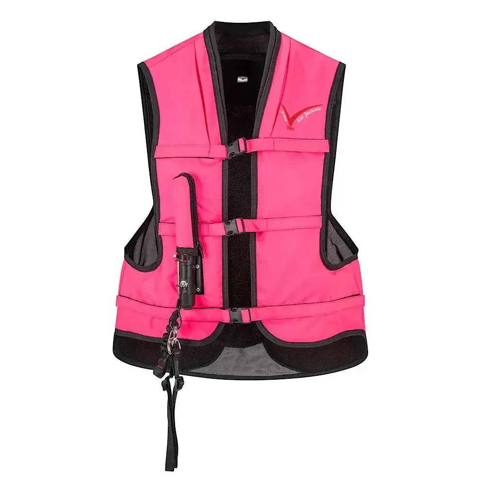 Bright pink and black point two proair equestrian air vest with mesh panels adjustable straps and side-mounted holster