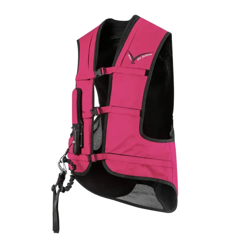 A vibrant pink point two proair equestrian air vest with black trim mesh panels and a comfortable fit