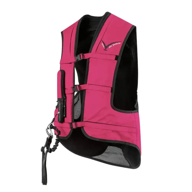 A vibrant pink point two proair equestrian air vest with black trim mesh panels and a comfortable fit