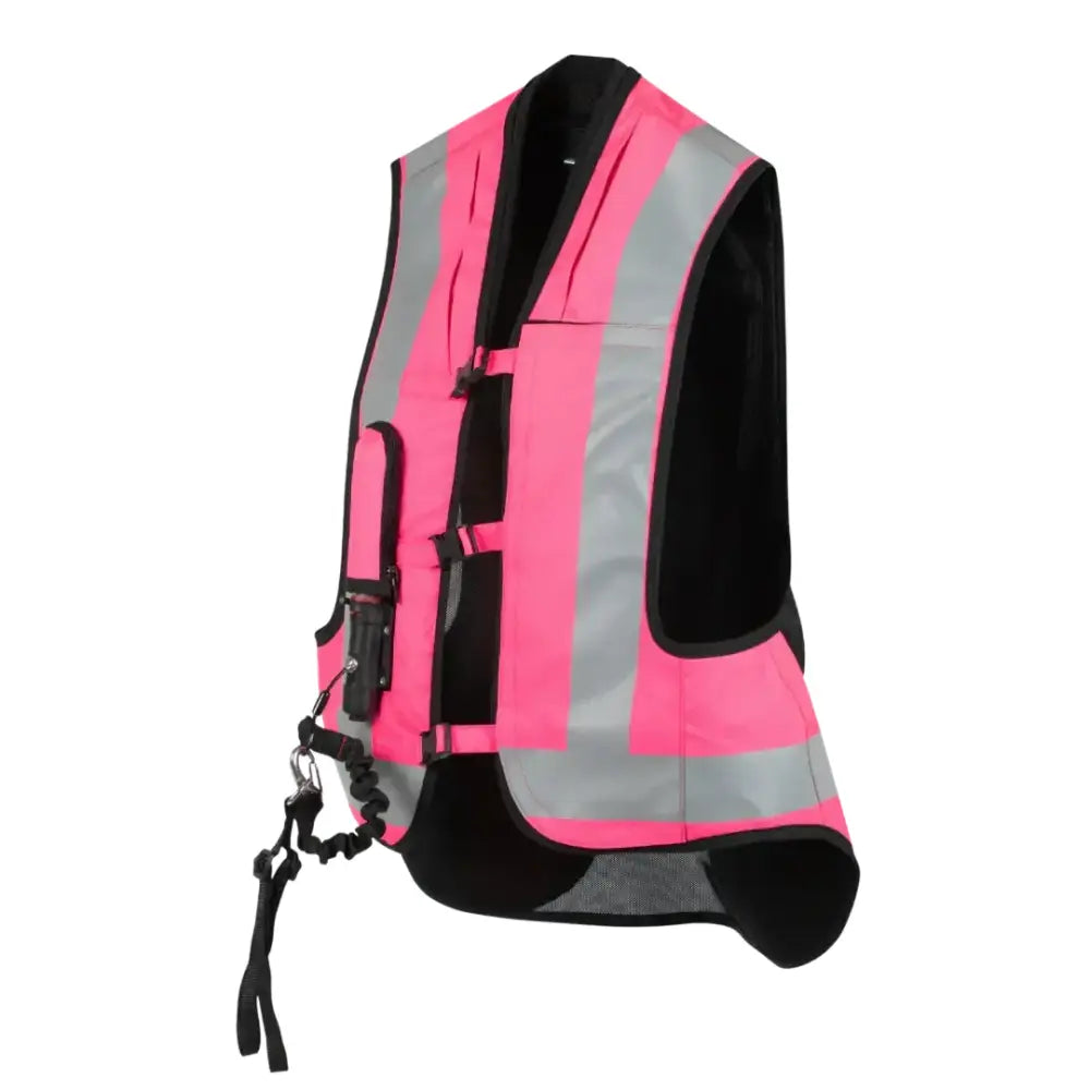 Bright pink proair air vest with reflective silver stripes and black trim designed for equestrian air vests use