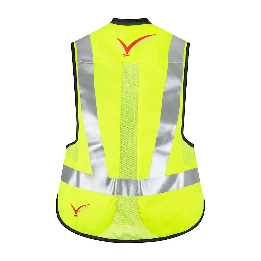 Bright yellow point two proair equestrian air vest back view with reflective stripes and red two logo for high visibility