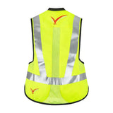 Bright yellow point two proair equestrian air vest back view with reflective stripes and red two logo for high visibility