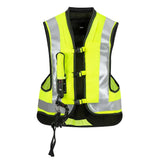 Point two proair high viz yellow equestrian air vest with neon yellow color, reflective stripes, black trim, and front pocket holding a flashlight