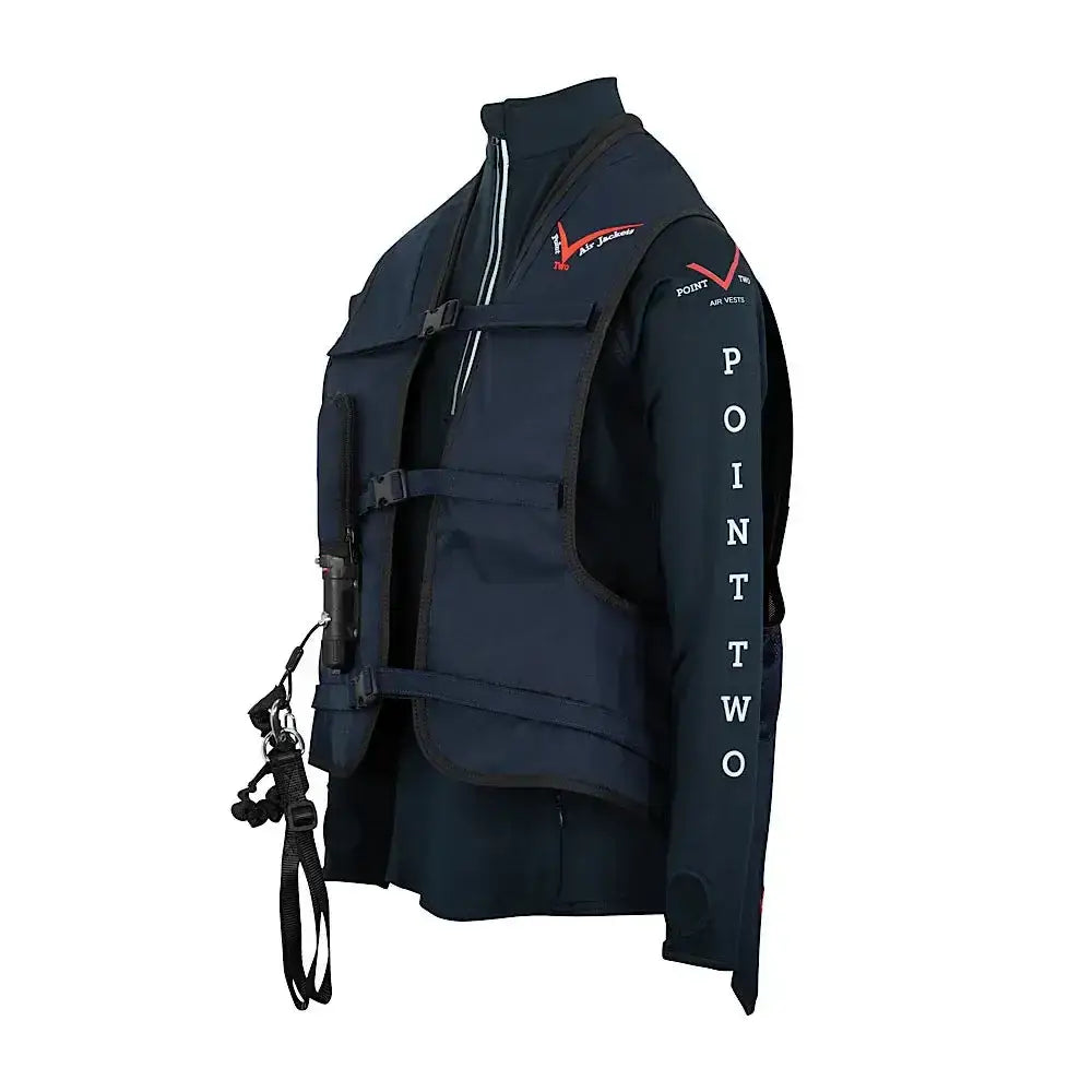 Black point two proair equestrian air vest with white lettering red logo accents for a comfortable fit