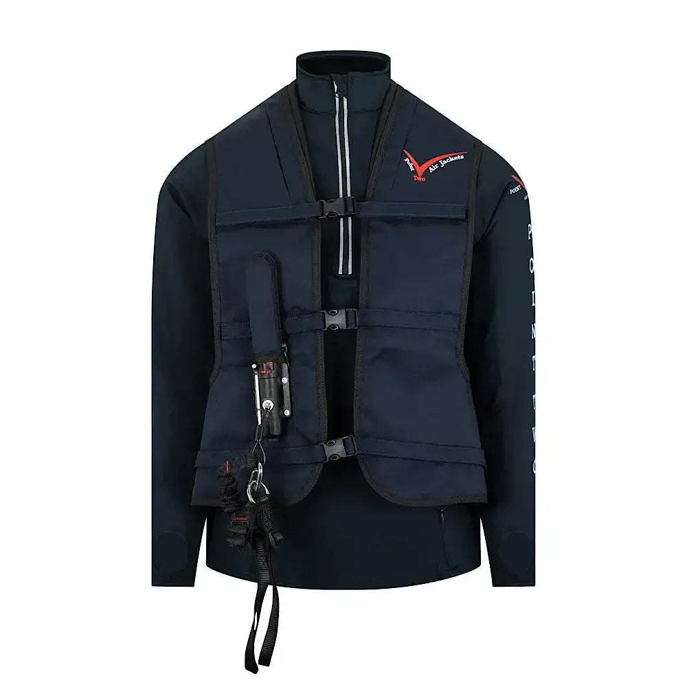 Dark navy blue point two proair inflatable equestrian air vest with black buckles red logo and comfortable fit