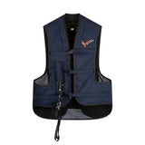 Dark blue and black point two proair equestrian air vest with mesh panels and adjustable straps for a comfortable fit
