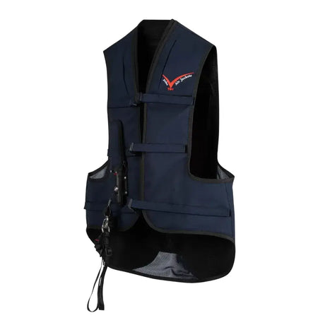 Dark blue point two proair equestrian air vest with black mesh panels and red logo for a comfortable fit