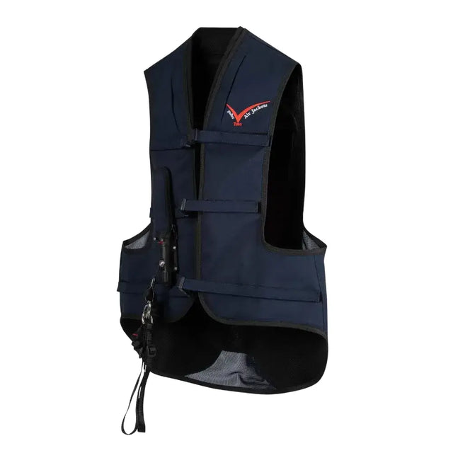 Dark blue point two proair equestrian air vest with black mesh panels and red logo for a comfortable fit