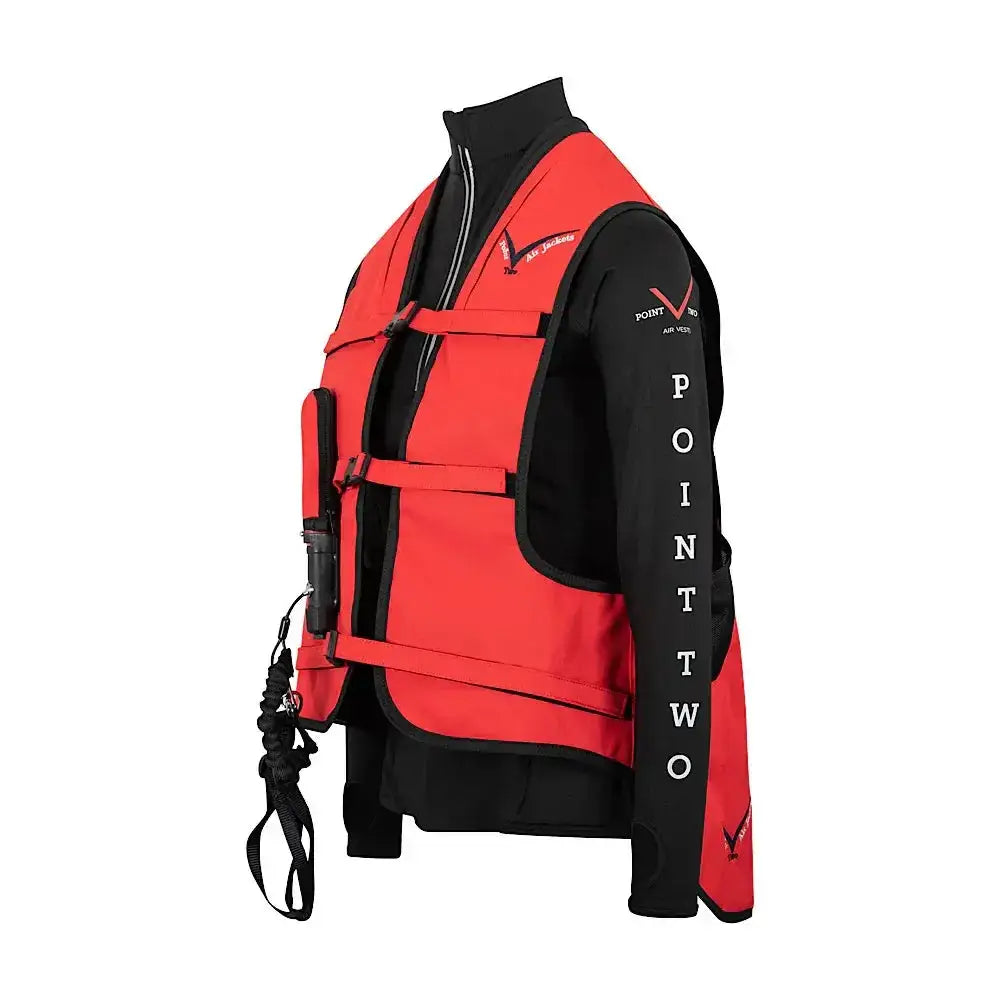 Red and black point two proair equestrian air vest with vertical branding on sleeve for comfortable fit