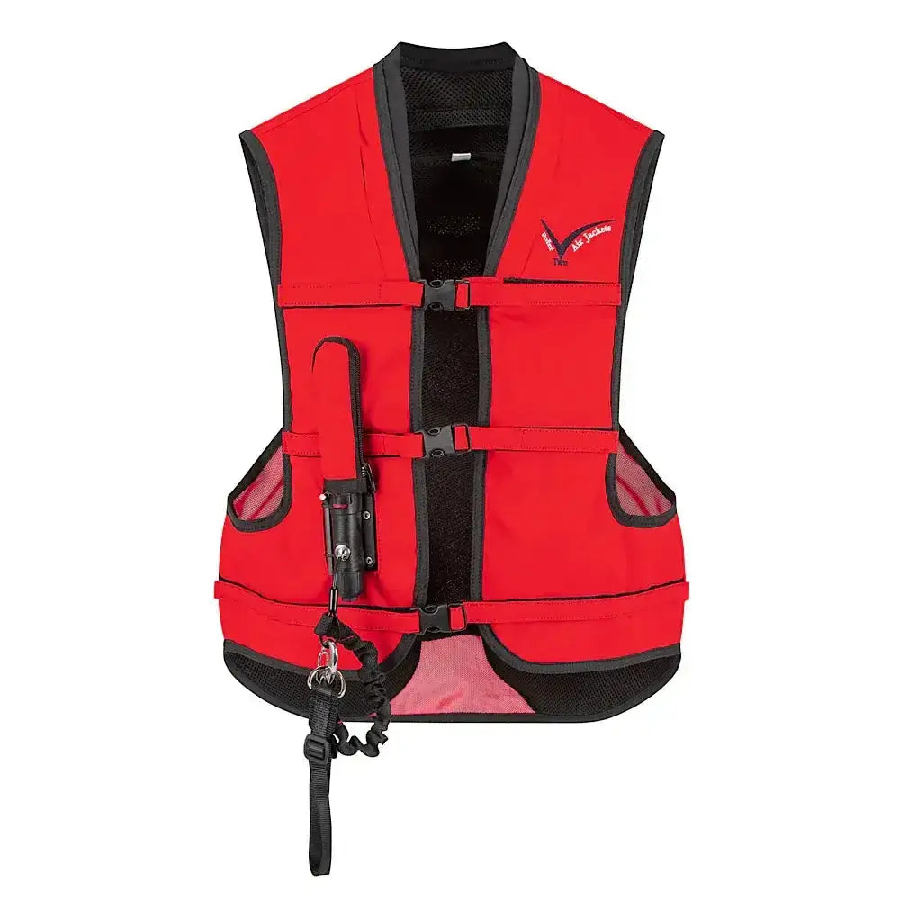 Red point two proair equestrian air vest with black trim mesh panels and logo for a comfortable fit