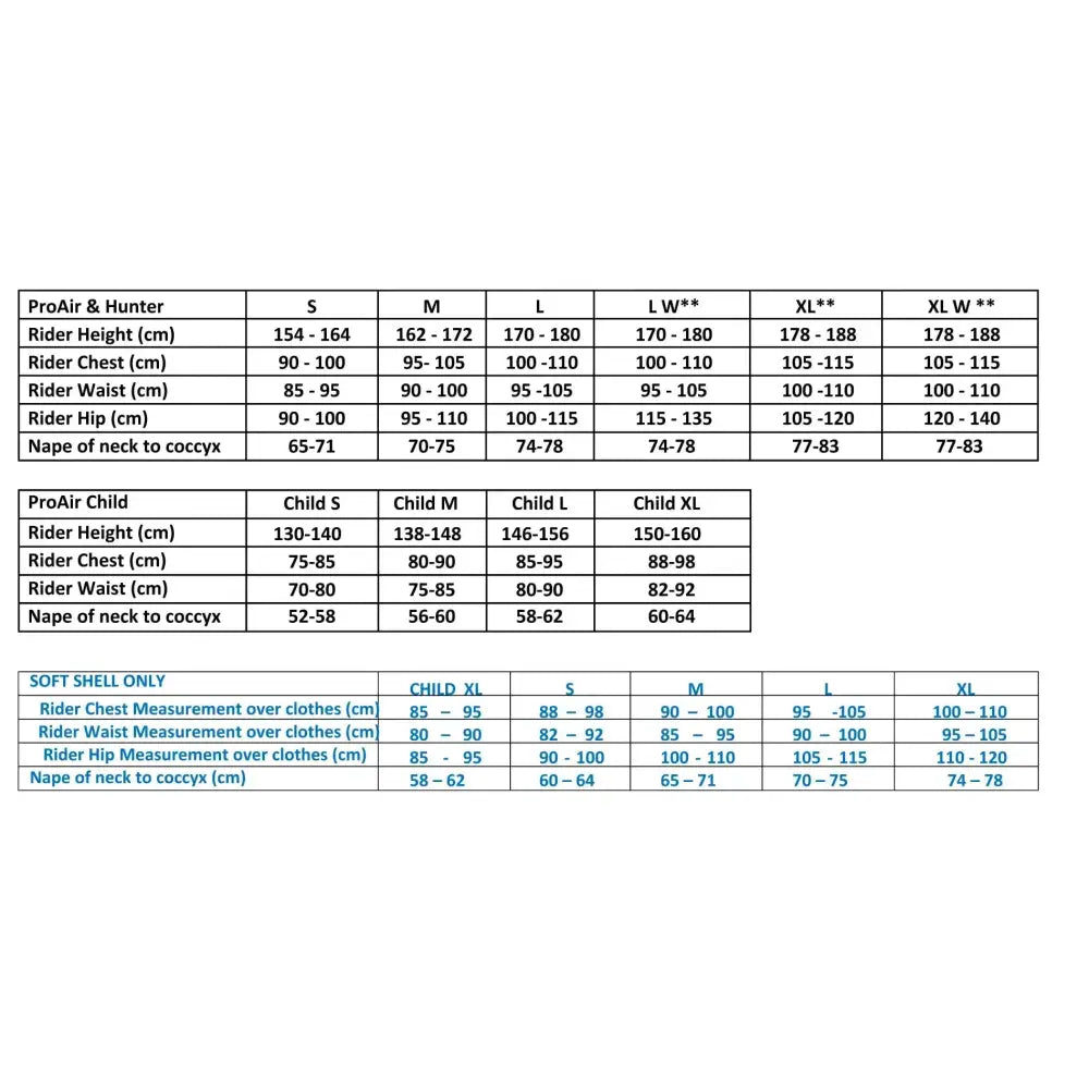 Size chart for point two proair red equestrian air vests showing comfortable fit measurements in centimeters for proair and hunter jackets