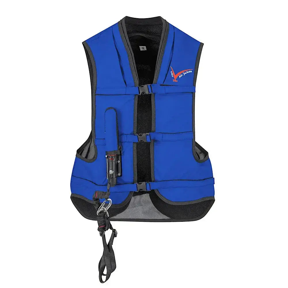 Blue inflatable point two proair equestrian air vest with black trim and comfortable fit for riding safety