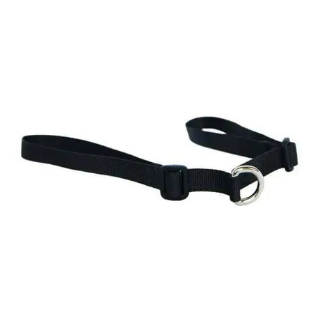 Black nylon point two saddle two saddle attachment leash with silver d-ring and black plastic buckle