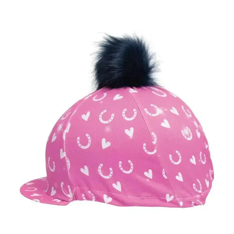 Pink pony fantasy hat cover by little rider with white horseshoe heart pattern and black faux fur pom pom