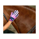 Pink and navy blue pony fantasy riding gloves with subtle pattern and lr logo on wrist strap for rider’s outfit