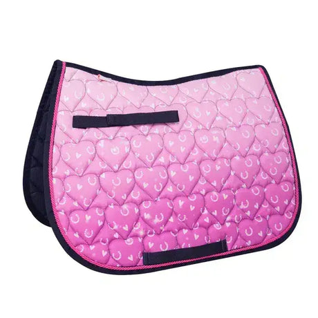 Pink quilted pony fantasy saddle pad with black trim and white hearts and horseshoes by little rider