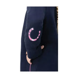Navy blue fleece sleeve of pony fantasy sweatshirt with pink and white horseshoe patch and ombre pink piping