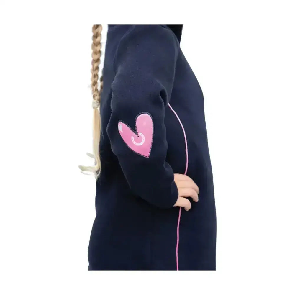 Navy blue fleece pony fantasy sweatshirt by little rider with pink heart patch ombre pink piping and silver ¾ zip