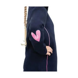 Navy blue fleece pony fantasy sweatshirt by little rider with pink heart patch ombre pink piping and silver ¾ zip