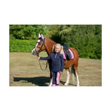 A young girl wears a navy pony fantasy sweatshirt with ombre pink piping and silver ¾ zip standing by a brown horse