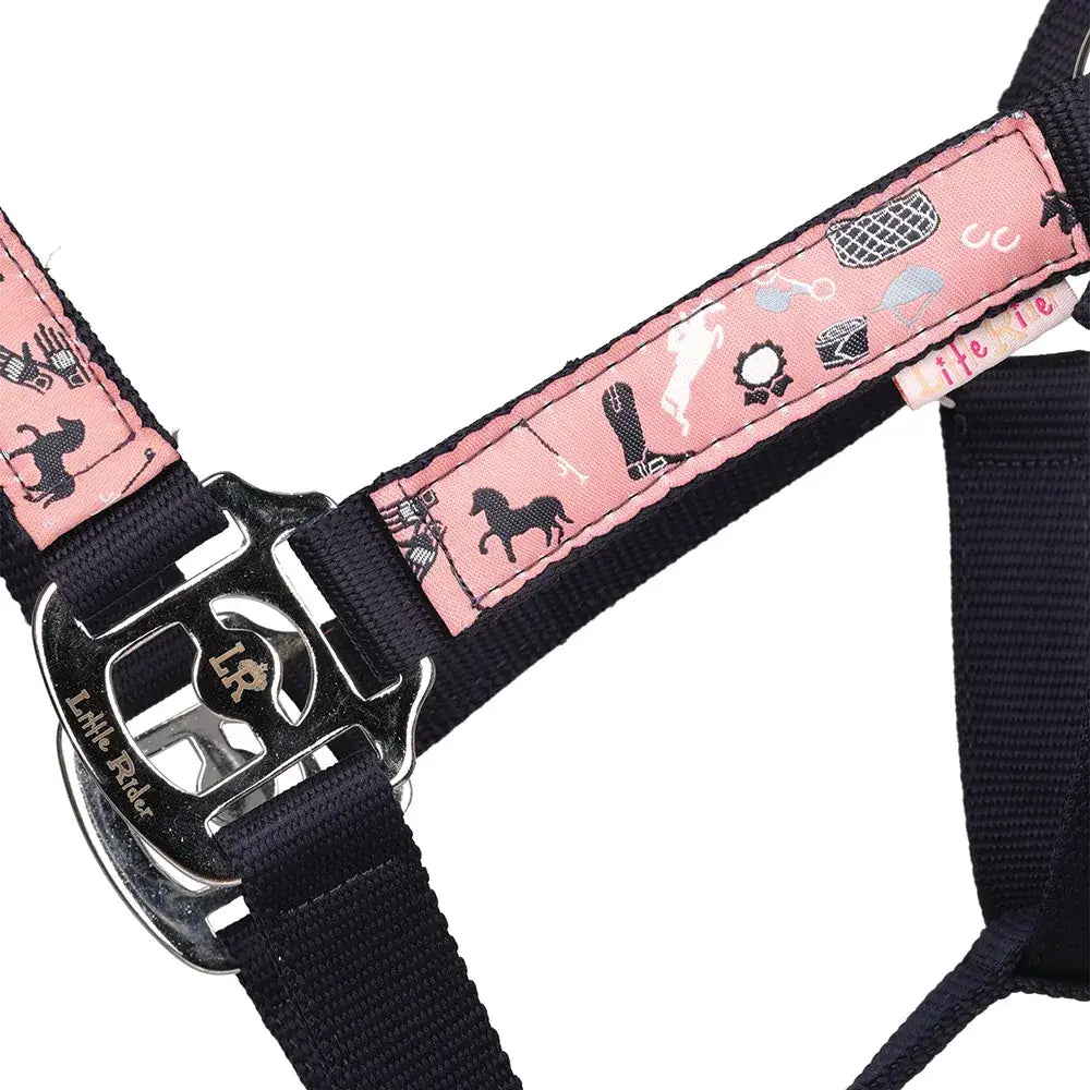 Pony Passion Head Collar and Lead Rope Set in pink and black with equestrian motifs