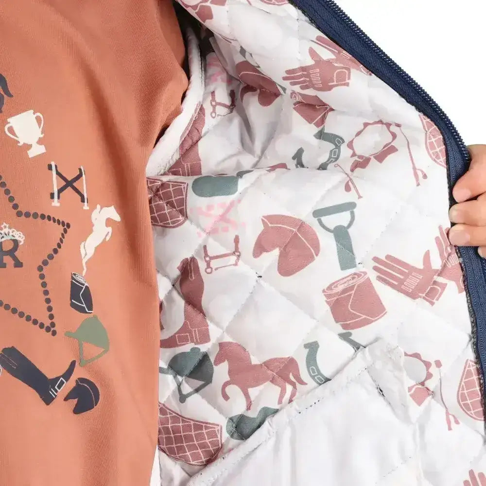 Quilted white vest with playful equestrian pattern in pink green and navy for rider’s wardrobe pony passion quilted jacket