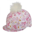 Pink pony princess hat silks fantasia lycra riding hat cover with glittery princess pattern and fluffy white pom-pom