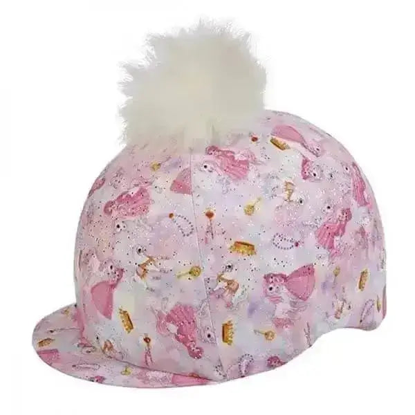 Pink pony princess hat silks fantasia lycra riding hat cover with glittery princess pattern and fluffy white pom-pom