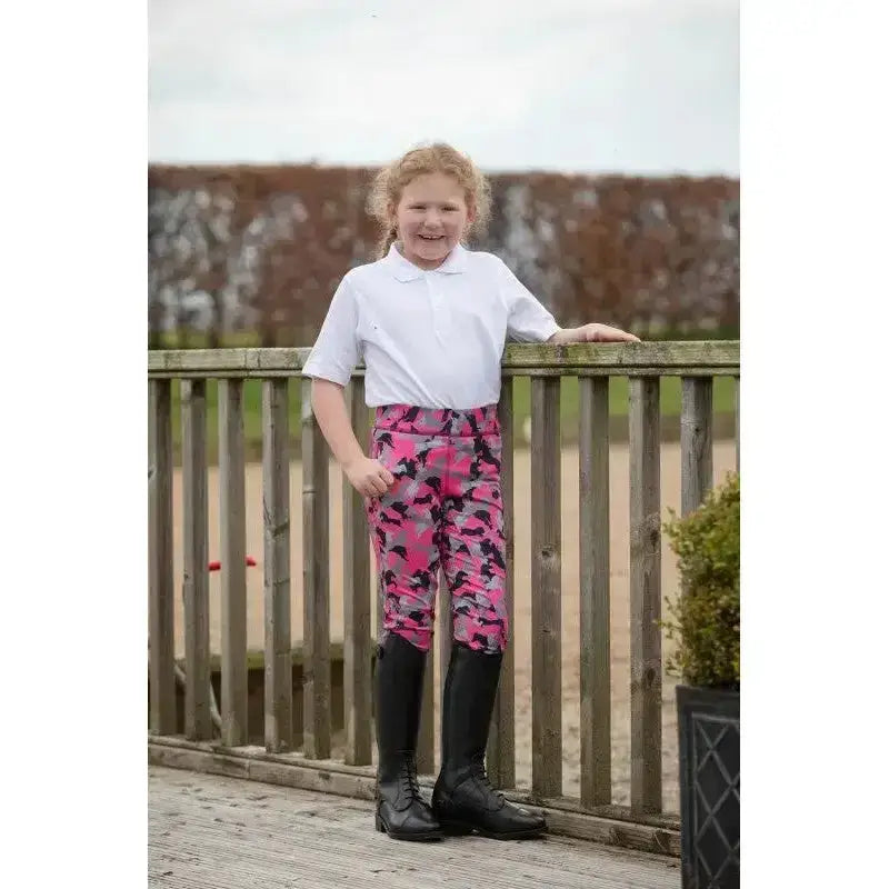 Pink and black camouflage pony print riding tights rhinegold with full seat for junior horse riders