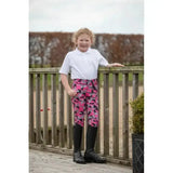 Pink and black camouflage pony print riding tights rhinegold with full seat for junior horse riders