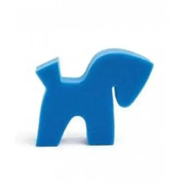 Blue plastic handy pony sponge shaped like a dog for easy horse grooming combs and tack sponges use