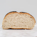 A slice of poppy seed cob loaf with golden brown crust and soft airy interior of round white bread