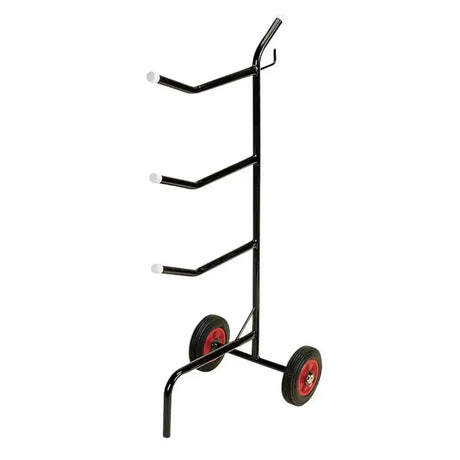 Black metal portable saddle trolley with three horizontal bars and red wheels holds three saddles easily