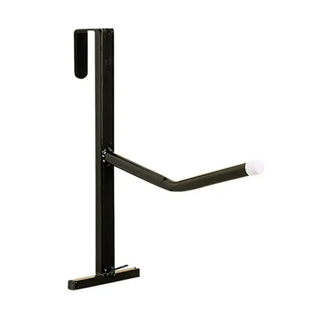 Black metal portable saddle rack single with white rubberized tip mounted on door for outdoor requirements