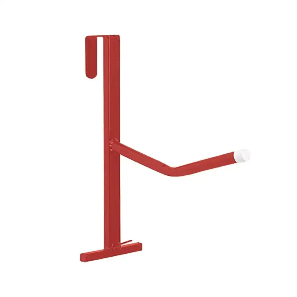 Red metal door hook with curved arm and white plastic tip for portable saddle rack single ideal for outdoor requirements