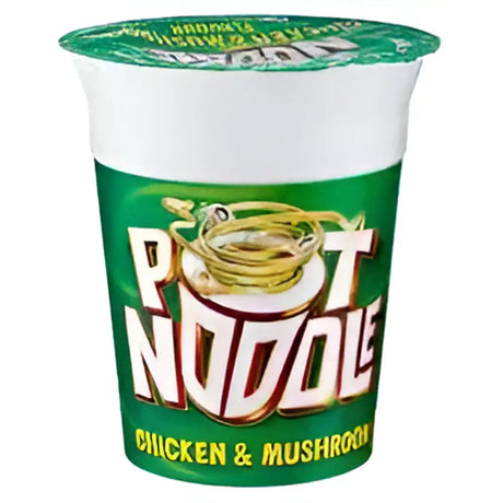 Green and white pot noodles cup with chicken and mushroom flavor ready to eat with hot water from a tuck shop